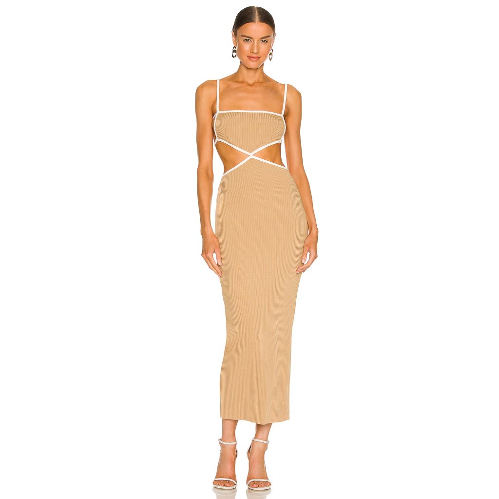 New Nwt Bec + Bridge Coyote Midi Dress Camel Ivory Cutout Size 4 Msrp $285